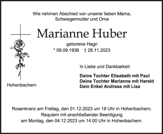 Todesanzeige von Marianne Huber von merkurtz