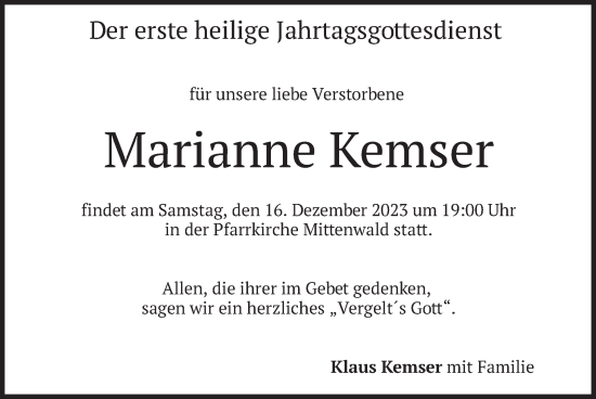 Todesanzeige von Marianne Kemser von merkurtz