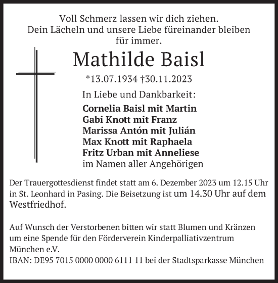 Todesanzeige von Mathilde Baisl von merkurtz