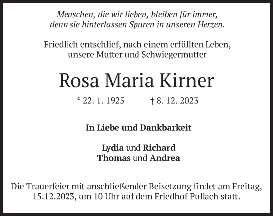 Todesanzeige von Rosa Maria Kirner von merkurtz