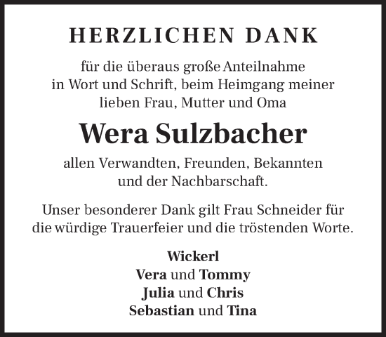 Todesanzeige von Wera Sulzbacher von Das Gelbe Blatt Penzberg