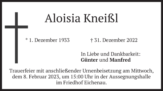 Todesanzeige von Aloisia Kneißl von merkurtz