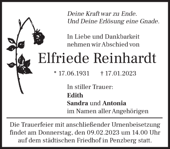 Todesanzeige von Elfriede Reinhardt von Das Gelbe Blatt Penzberg