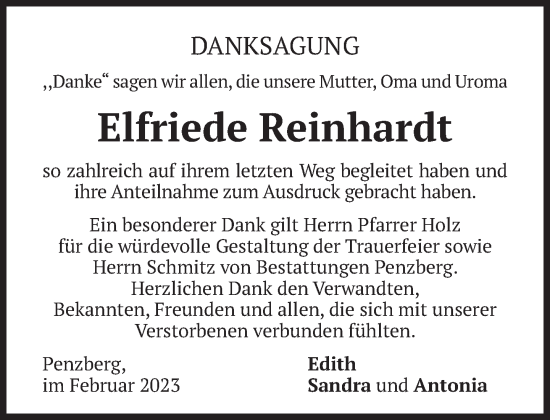 Todesanzeige von Elfriede Reinhardt von Das Gelbe Blatt Penzberg