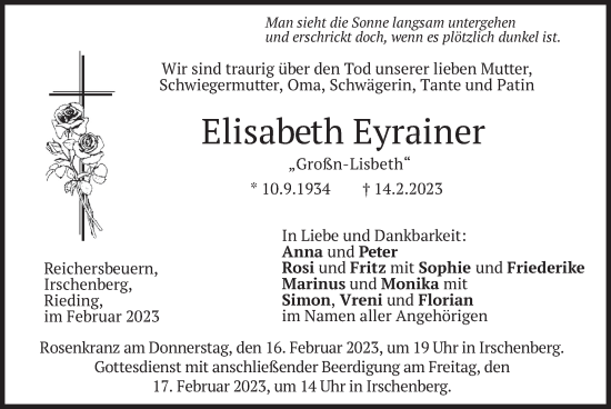 Todesanzeige von Elisabeth Eyrainer von merkurtz