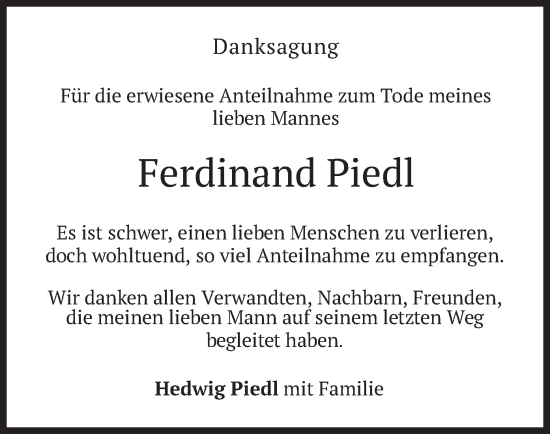 Todesanzeige von Ferdinand Piedl von merkurtz