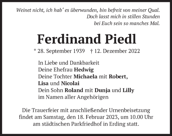 Todesanzeige von Ferdinand Piedl von merkurtz