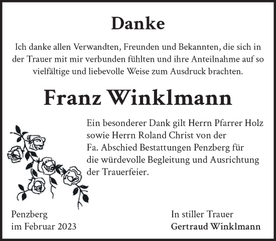 Todesanzeige von Franz Winklmann von Das Gelbe Blatt Penzberg