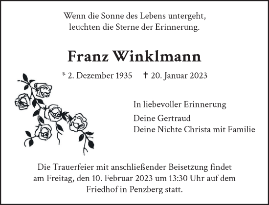 Todesanzeige von Franz Winklmann von Das Gelbe Blatt Penzberg
