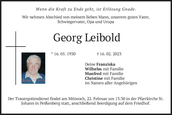 Todesanzeige von Georg Leibold von merkurtz