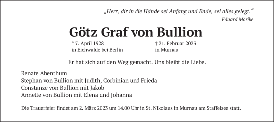 Todesanzeige von Götz Graf von Bullion von merkurtz