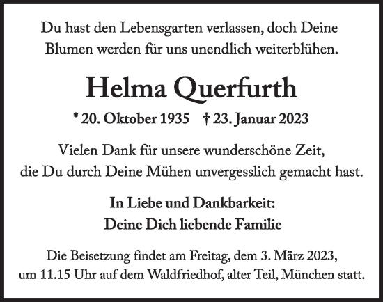 Todesanzeige von Helma Querfurth von merkurtz