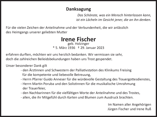 Todesanzeige von Irene Fischer von merkurtz