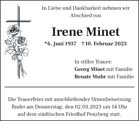 Todesanzeige von Irene Minet von Das Gelbe Blatt Penzberg
