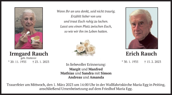 Todesanzeige von Irmgard und Erich Rauch von merkurtz