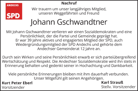 Todesanzeige von Johann Gschwandtner von merkurtz