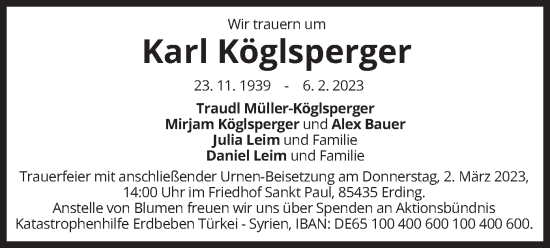 Todesanzeige von Karl Köglsperger von merkurtz