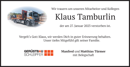 Todesanzeige von Klaus Tamburlin von merkurtz