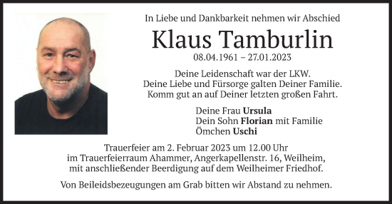 Todesanzeige von Klaus Tamburlin von merkurtz