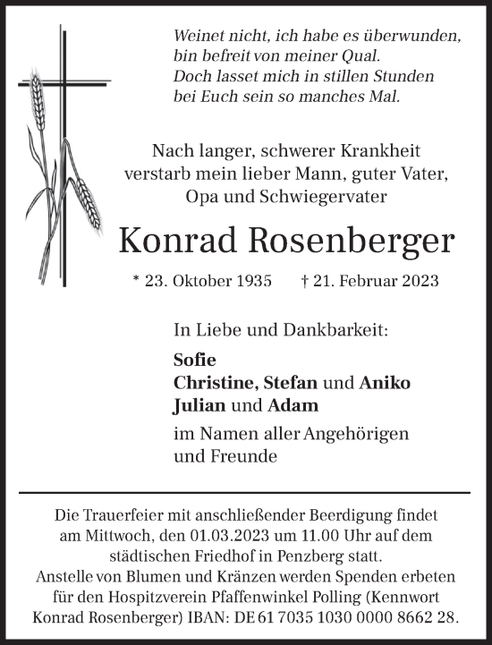 Todesanzeige von Konrad Rosenberger von Das Gelbe Blatt Penzberg