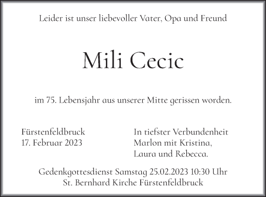 Todesanzeige von Mili Cecic von merkurtz