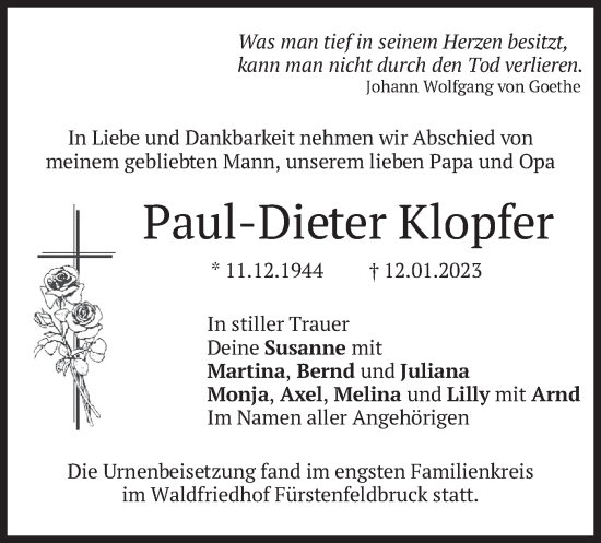 Todesanzeige von Paul-Dieter Klopfer von merkurtz