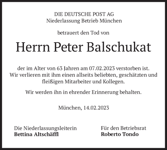 Todesanzeige von Peter Balschukat von merkurtz