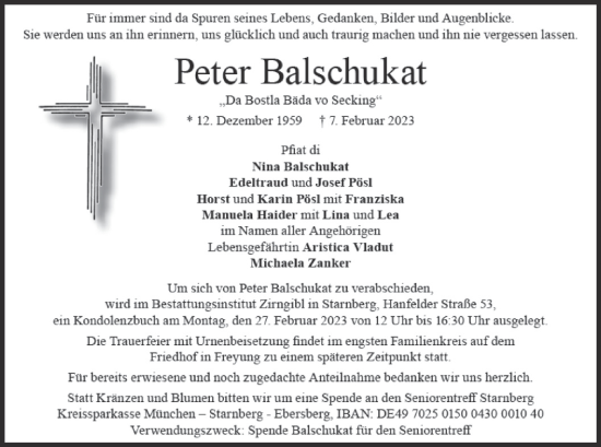 Todesanzeige von Peter Balschukat von merkurtz