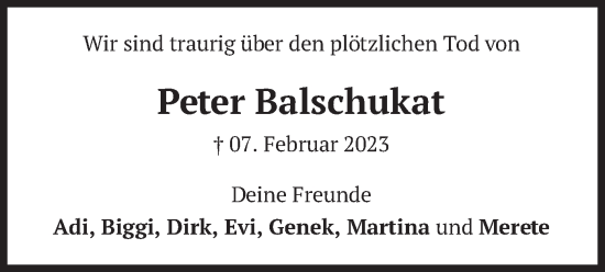 Todesanzeige von Peter Balschukat von merkurtz