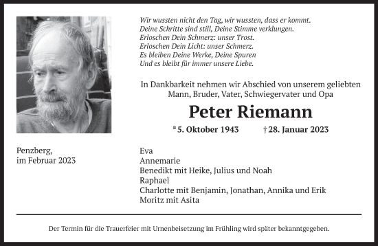 Todesanzeige von Peter Riemann von Das Gelbe Blatt Penzberg