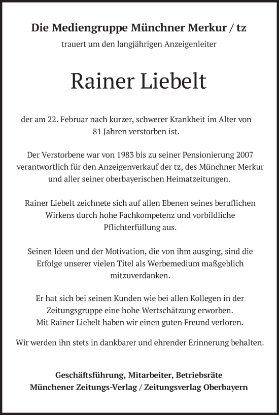 Todesanzeige von Rainer Liebelt von merkurtz