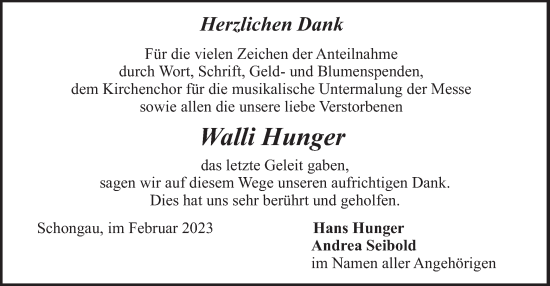 Todesanzeige von Walli Hunger von merkurtz