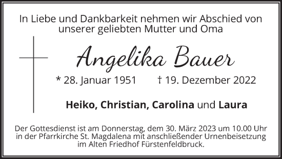 Todesanzeige von Angelika Bauer von merkurtz