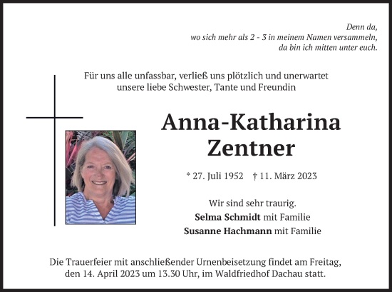 Todesanzeige von Anna.Katharina Zentner von merkurtz