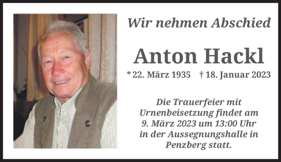 Todesanzeige von Anton Hackl von Das Gelbe Blatt Penzberg