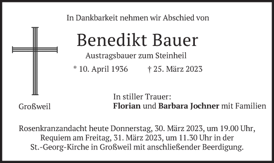 Todesanzeige von Benedikt Bauer von merkurtz