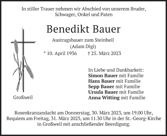 Todesanzeige von Benedikt Bauer von merkurtz