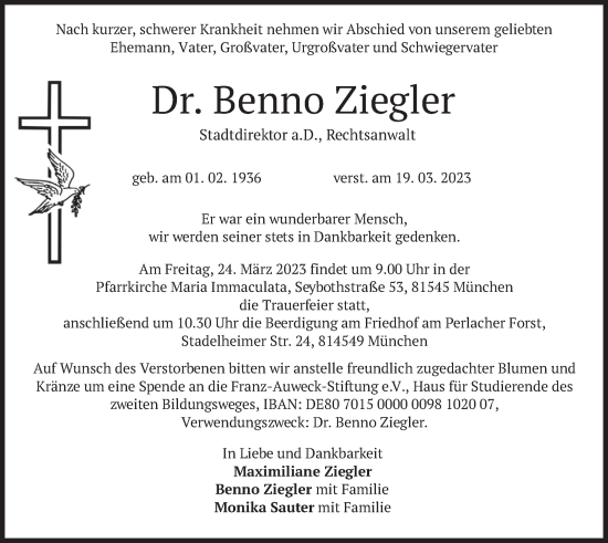 Todesanzeige von Benno Ziegler von merkurtz