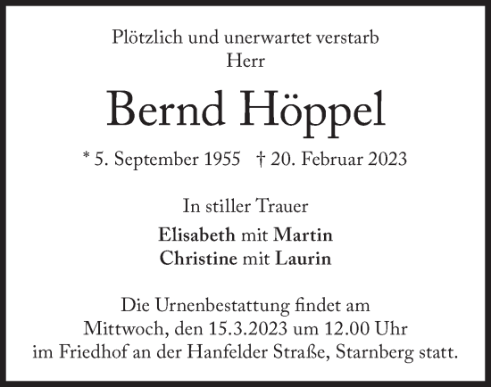 Todesanzeige von Bernd Höppel von merkurtz