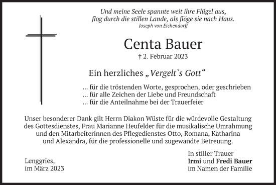 Todesanzeige von Centa Bauer von merkurtz