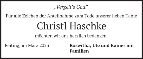 Todesanzeige von Christi Haschke von merkurtz