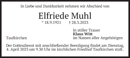 Todesanzeige von Elfriede Muhl von merkurtz
