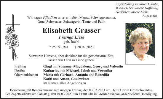 Todesanzeige von Elisabeth Grasser von merkurtz