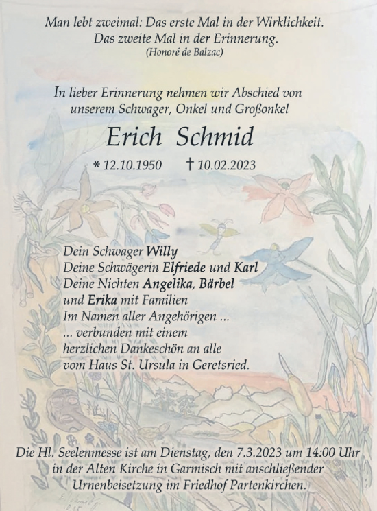 Todesanzeige von Erich Schmid von merkurtz