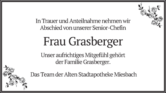 Todesanzeige von Frau Grasberger von merkurtz