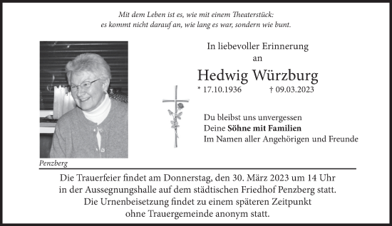 Todesanzeige von Hedwig Würzburg von Das Gelbe Blatt Penzberg