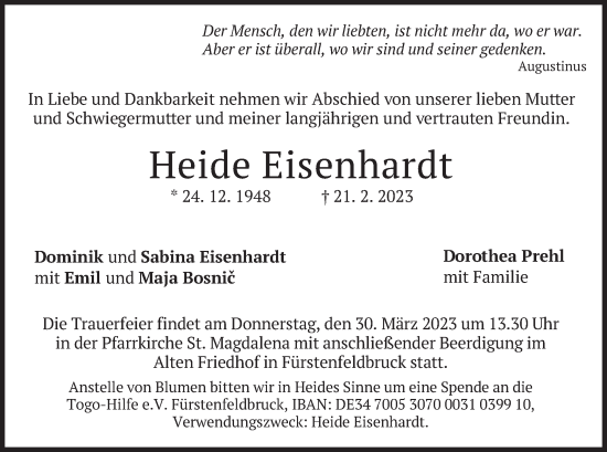 Todesanzeige von Heide Eisenhardt von merkurtz