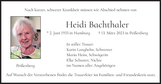 Todesanzeige von Heidi Bachthaler von merkurtz