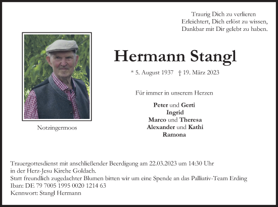 Todesanzeige von Hermann Stangl von merkurtz