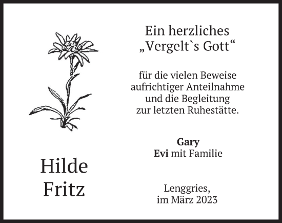 Todesanzeige von Hilde Fritz von merkurtz